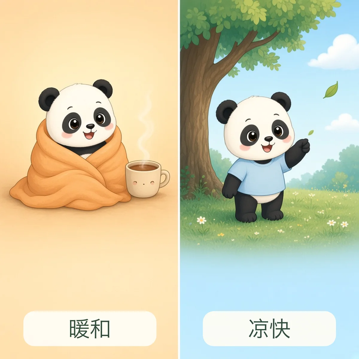 暖和 warm，凉快 cool