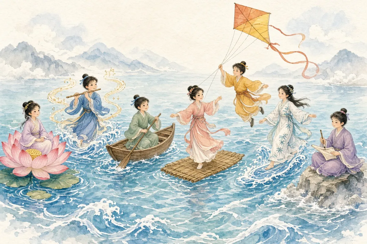 插画：八仙过海，比喻各有各的本领，各显神通