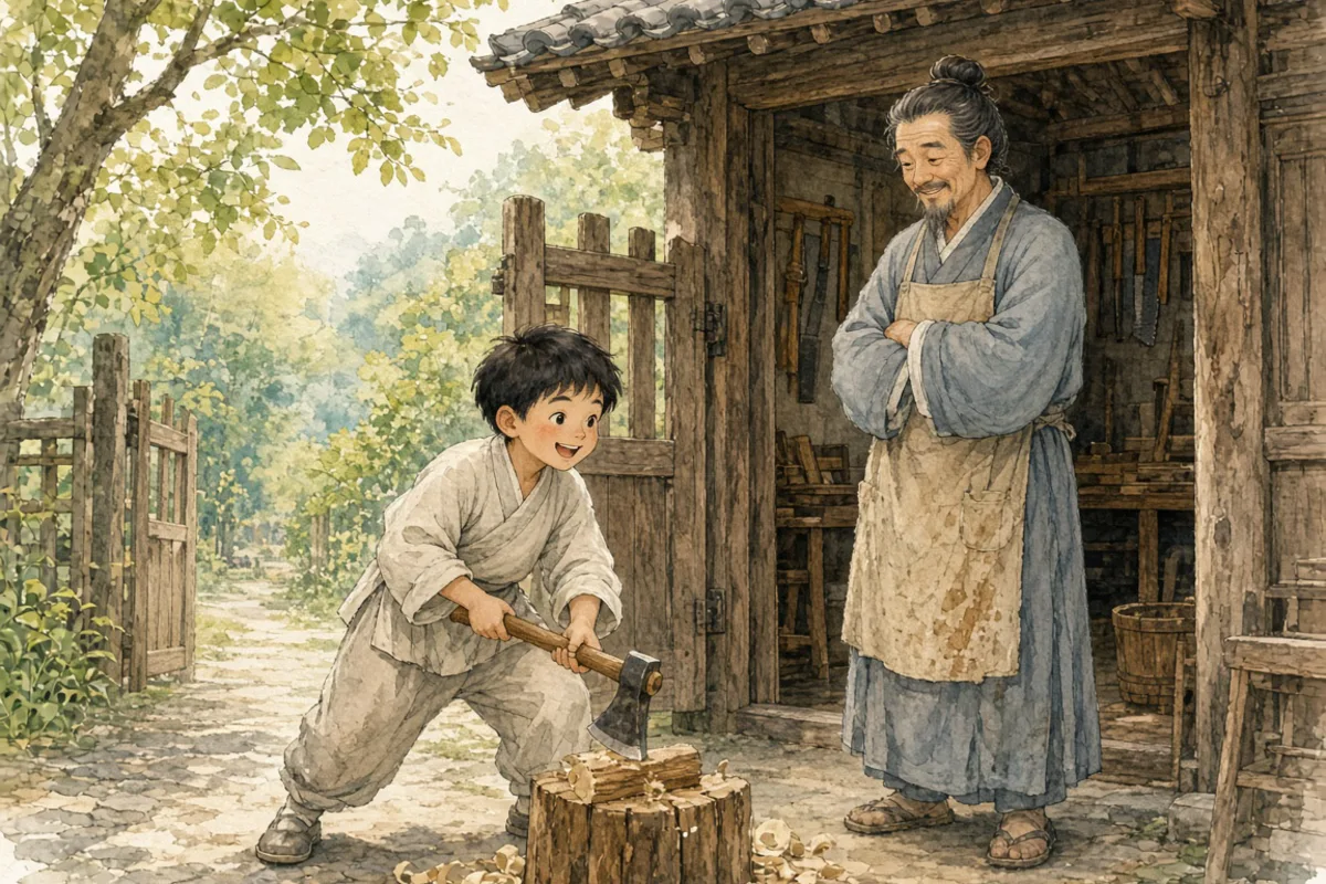 插画：班门弄斧，比喻在行家面前卖弄本领
