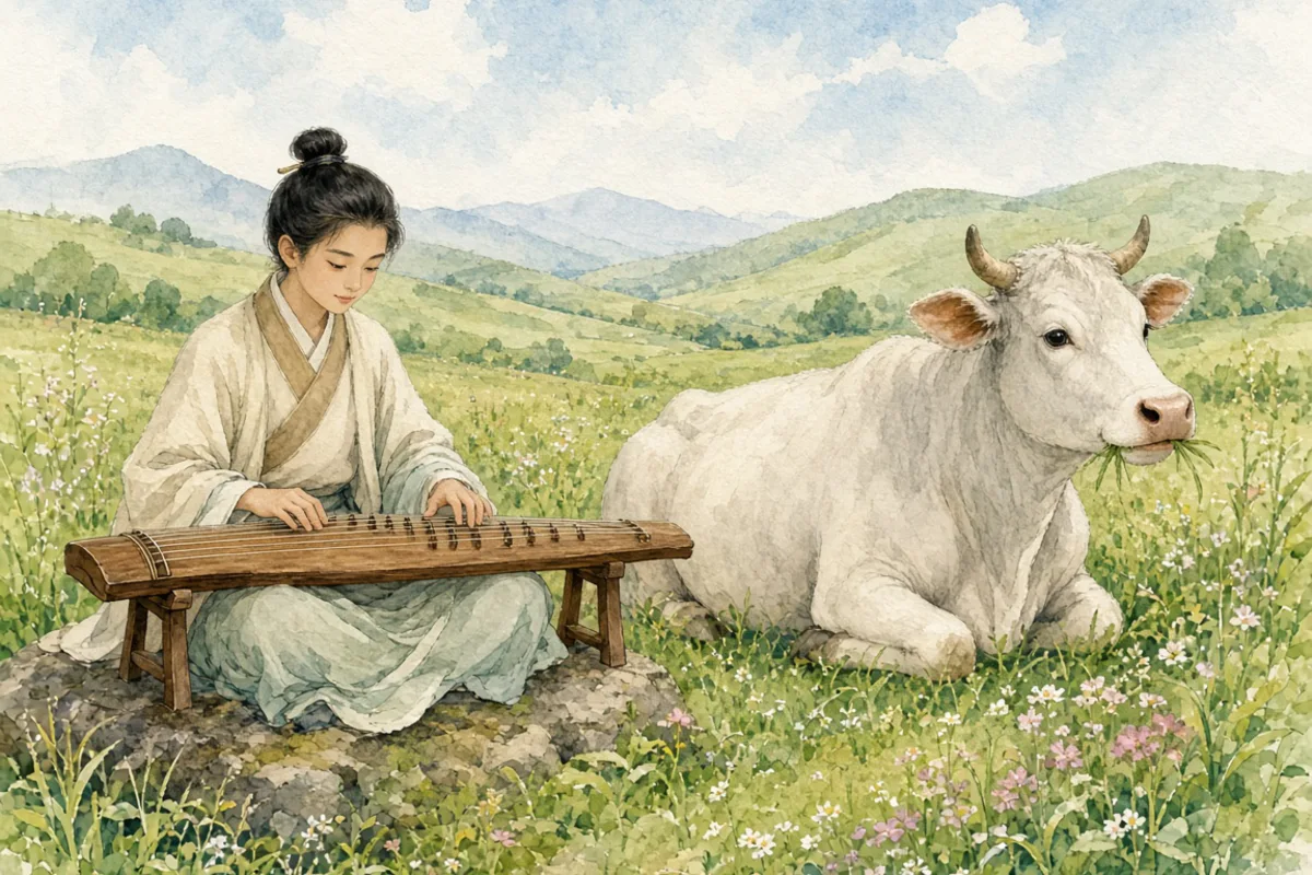 插画：对牛弹琴，比喻对不懂道理的人讲道理，白费口舌