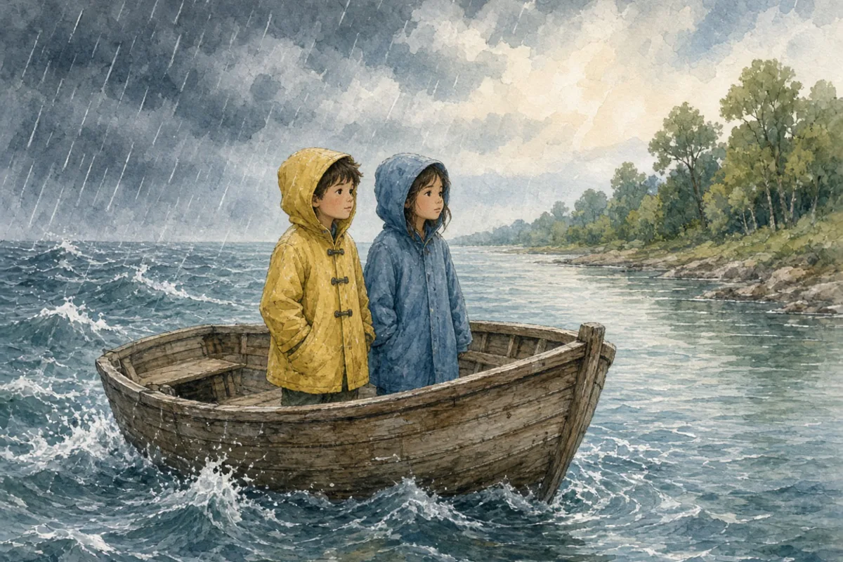 插画：风雨同舟，比喻共同度过困难