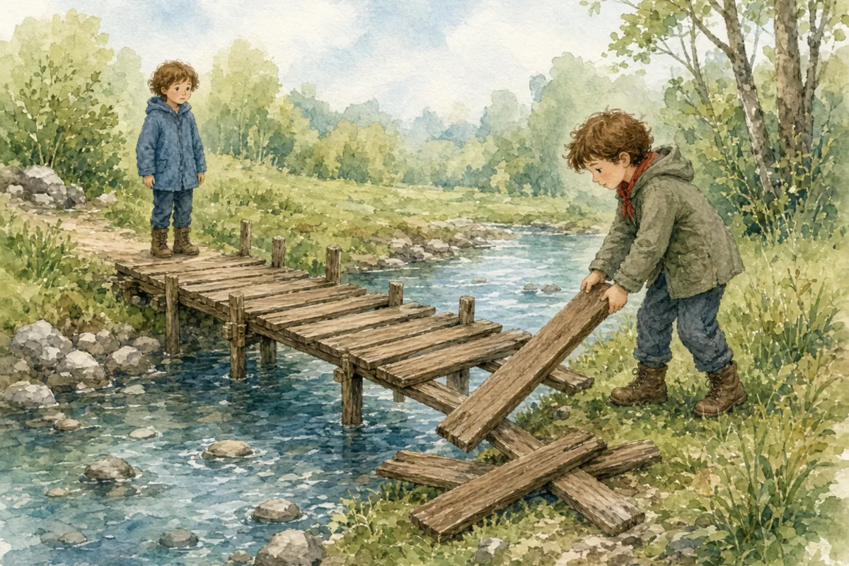 插画：过河拆桥，比喻达到目的后，就把帮助过自己的人一脚踢开