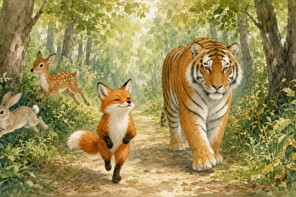 插画：狐假虎威，比喻依仗别人的势力欺压人