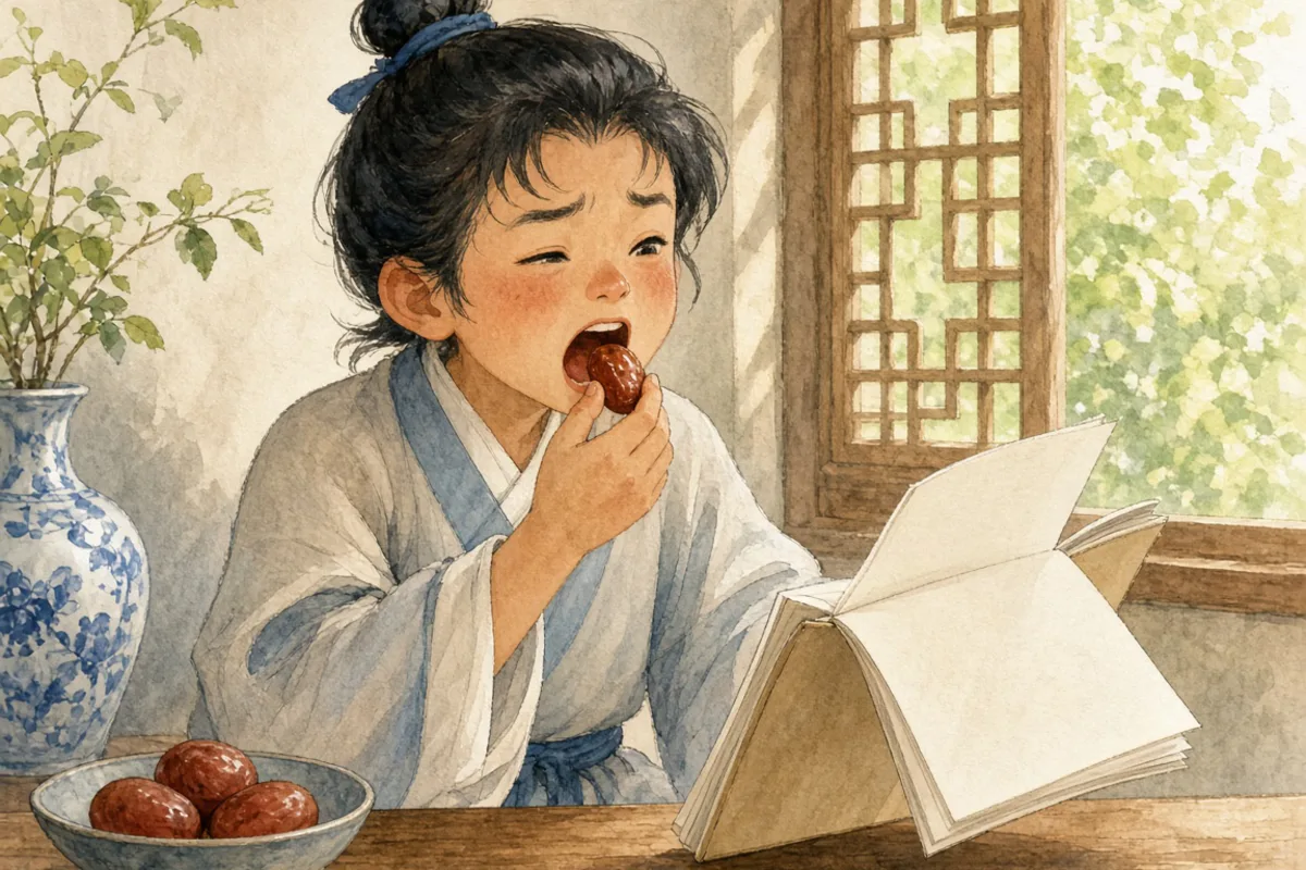 插画：囫囵吞枣，比喻学习时不求理解，笼统接受