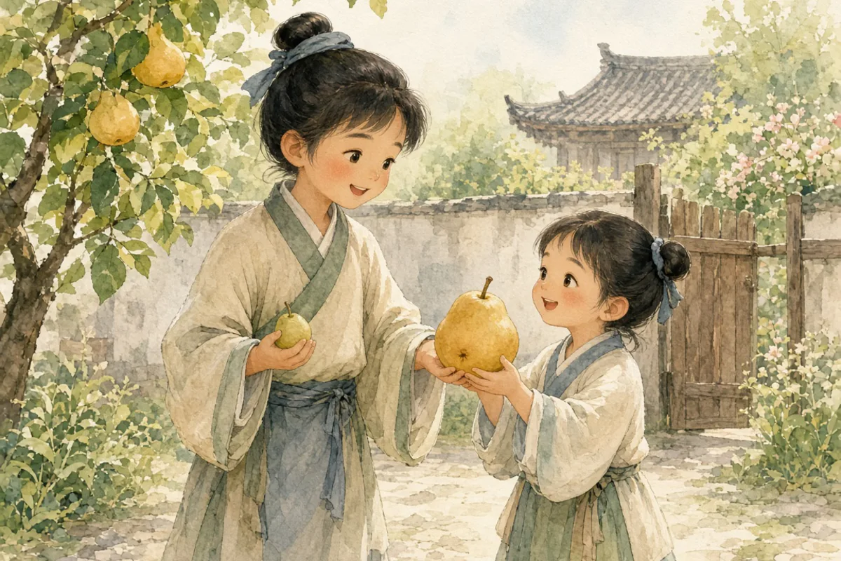 插画：孔融让梨，比喻小孩子懂礼貌，知道谦让