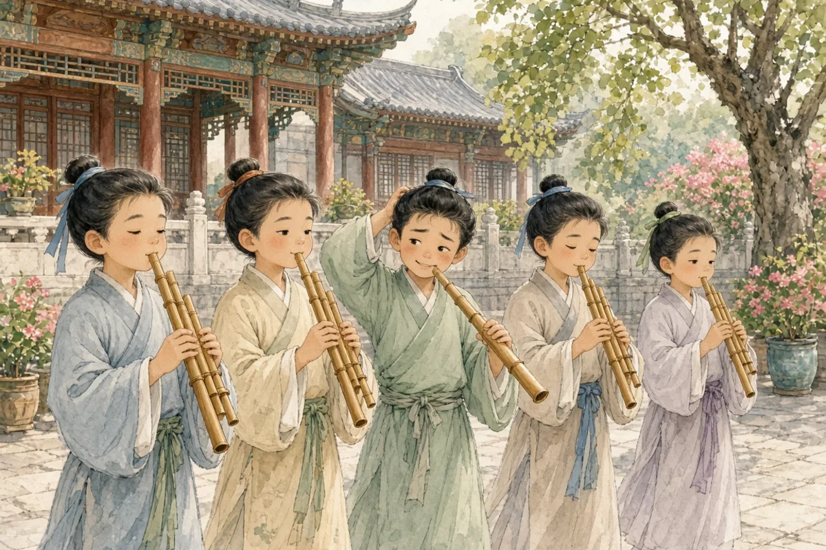 插画：滥竽充数，比喻没有真才实学的人混在行家里面充数