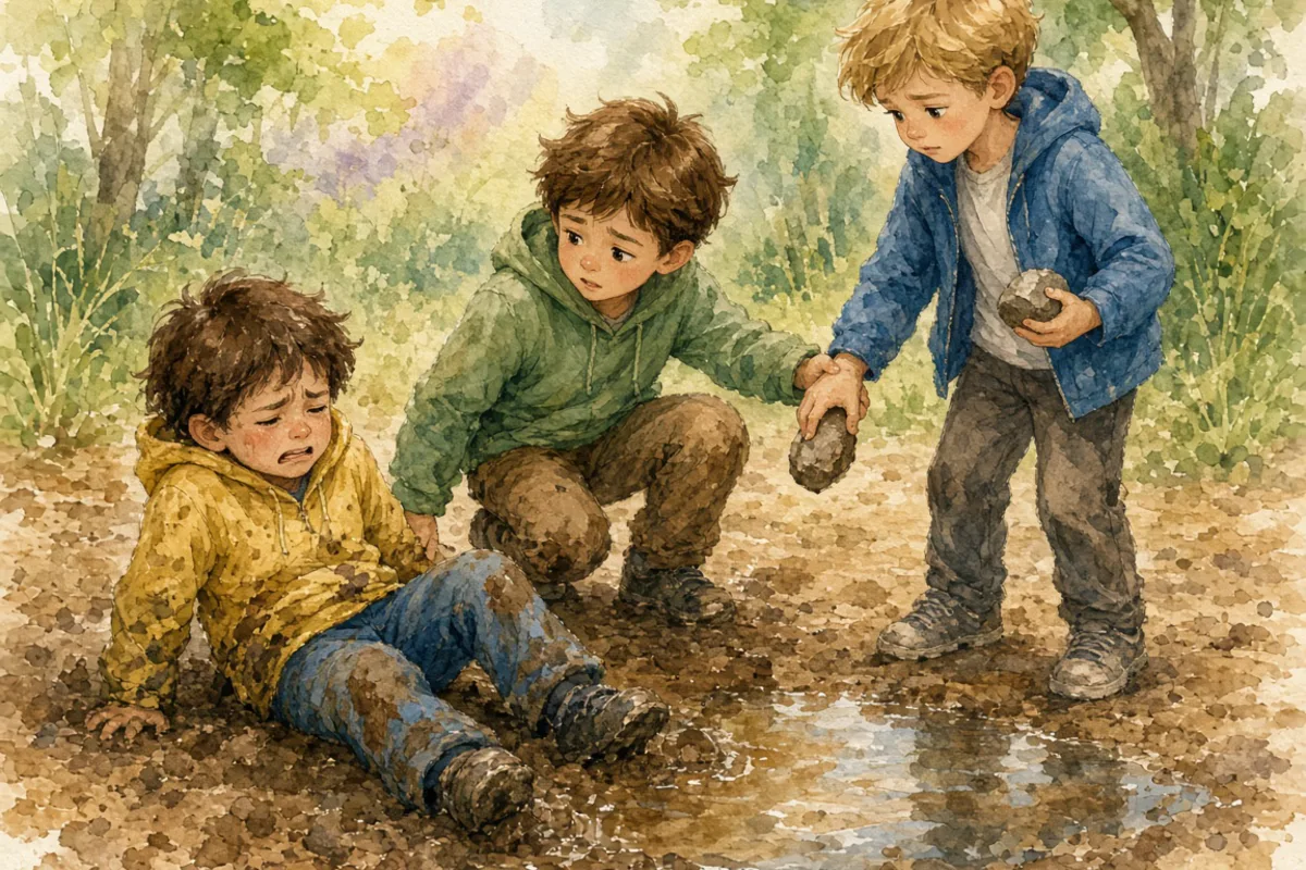 插画：落井下石，比喻看见别人有困难，不但不帮，反而加以陷害