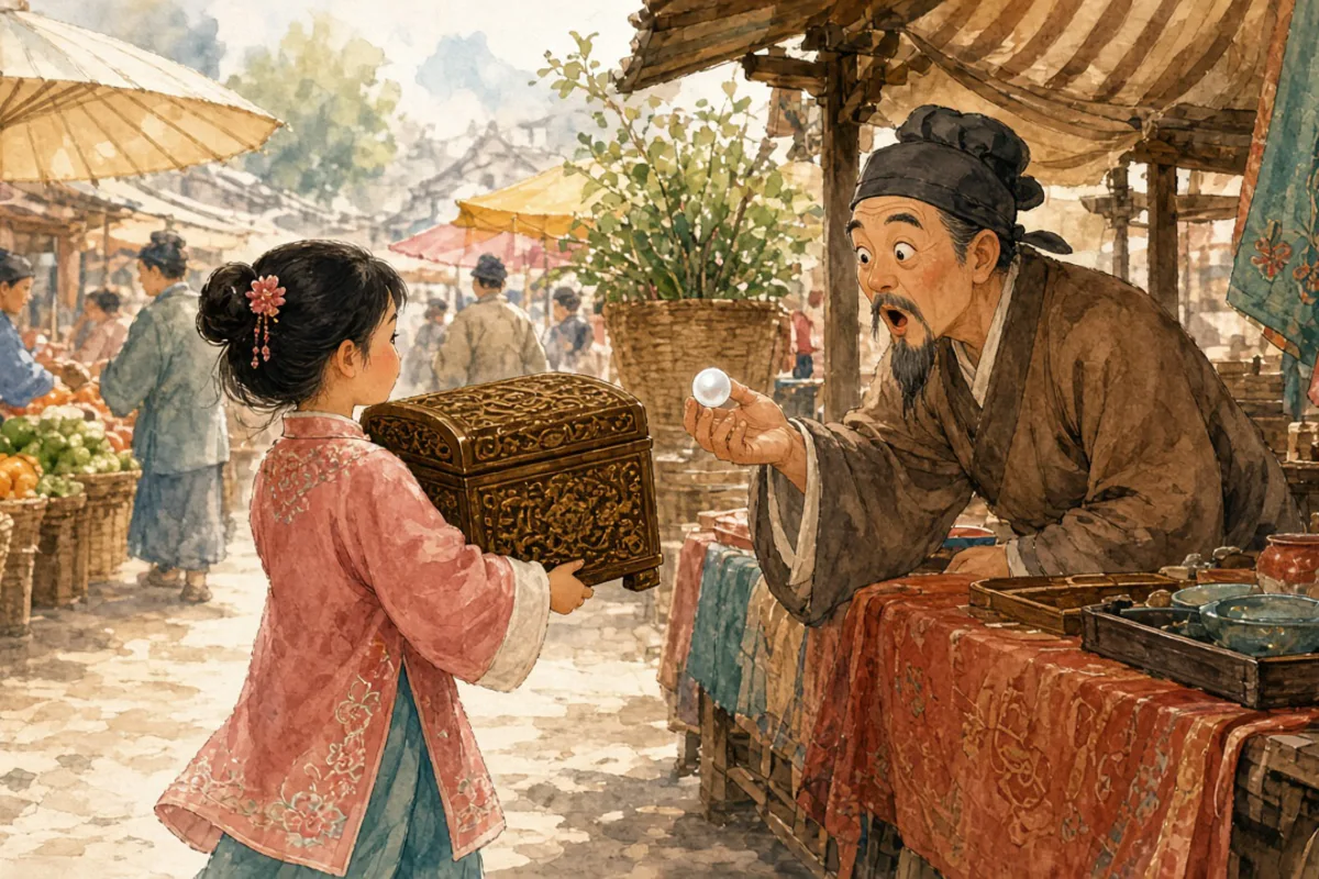 插画：买椟还珠，比喻取舍不当，抓了次要的，丢了主要的