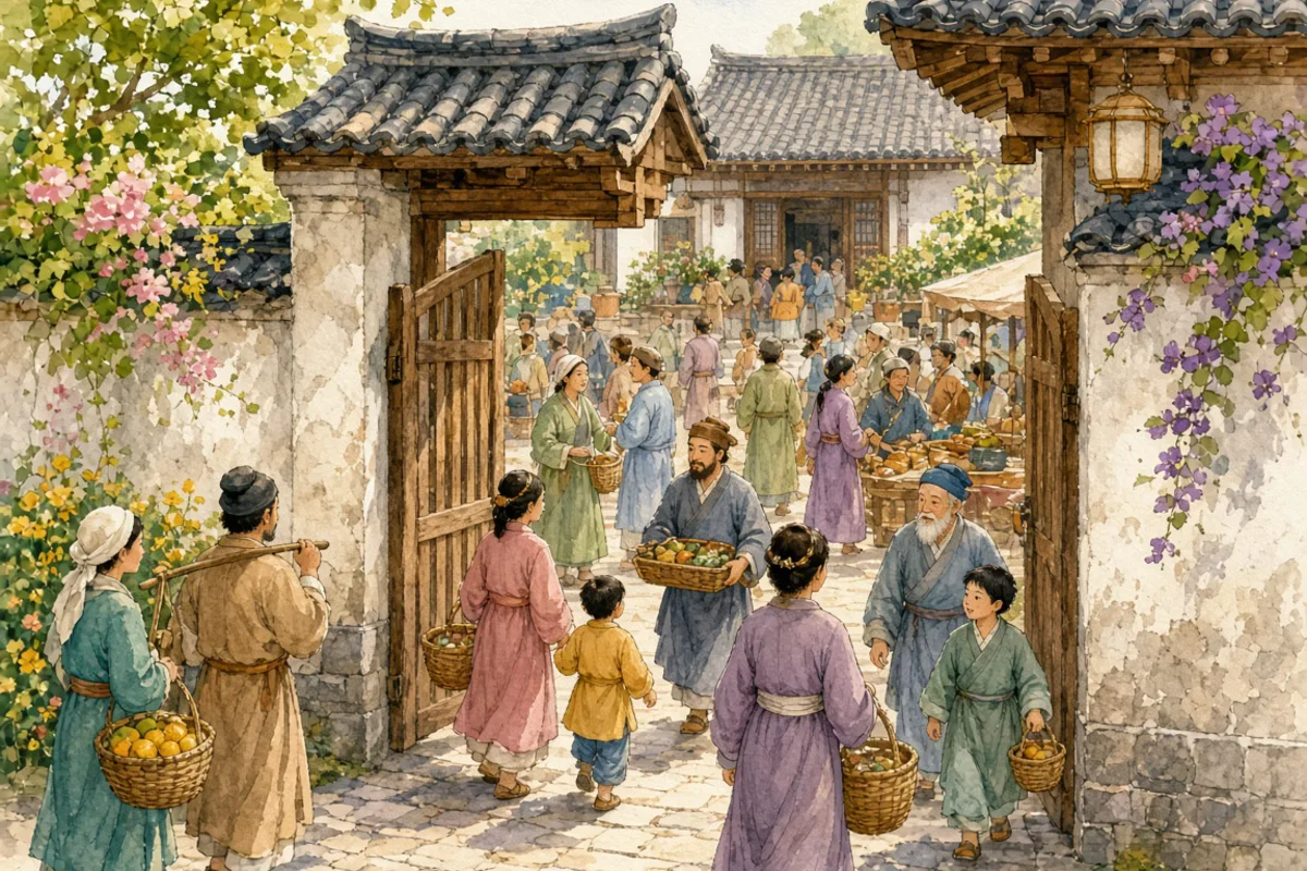 插画：门庭若市，形容来的人很多，非常热闹