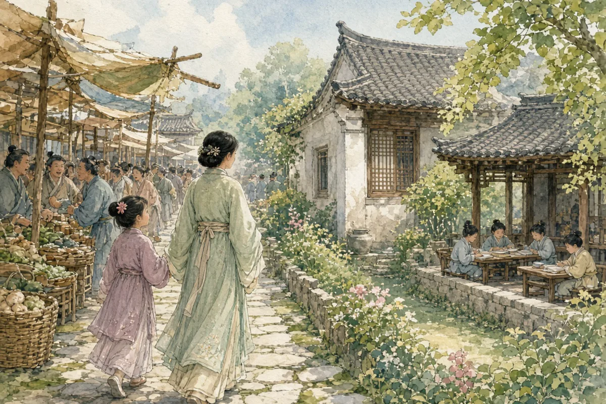 插画：孟母三迁，比喻为了孩子的成长，要选择好的环境