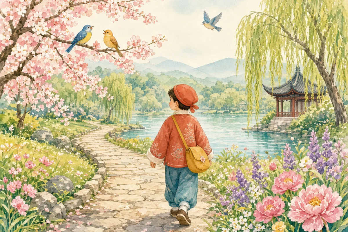 插画：鸟语花香，鸟儿鸣叫，花儿飘香，形容春天美好的景象