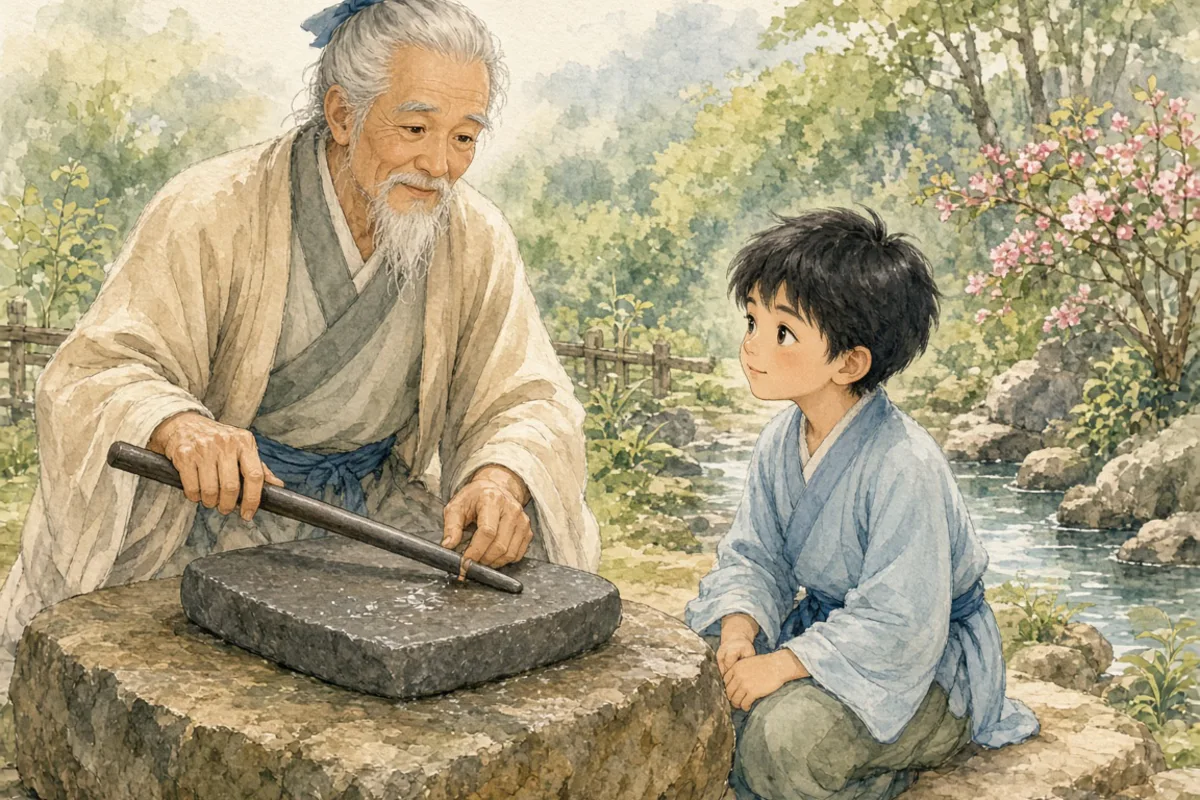 插画：铁杵成针，比喻只要长期努力，再难的事也能成功