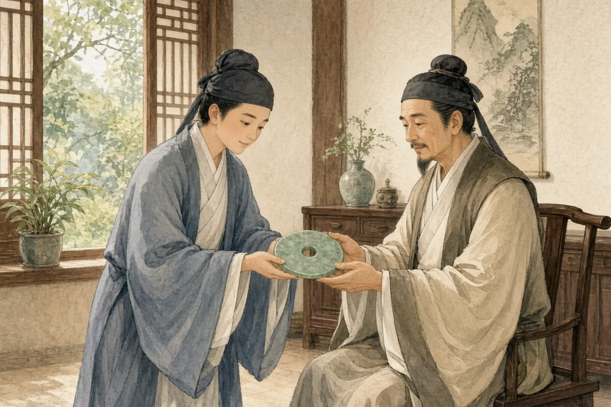 插画：完璧归赵，比喻把原物完好无损地归还本人