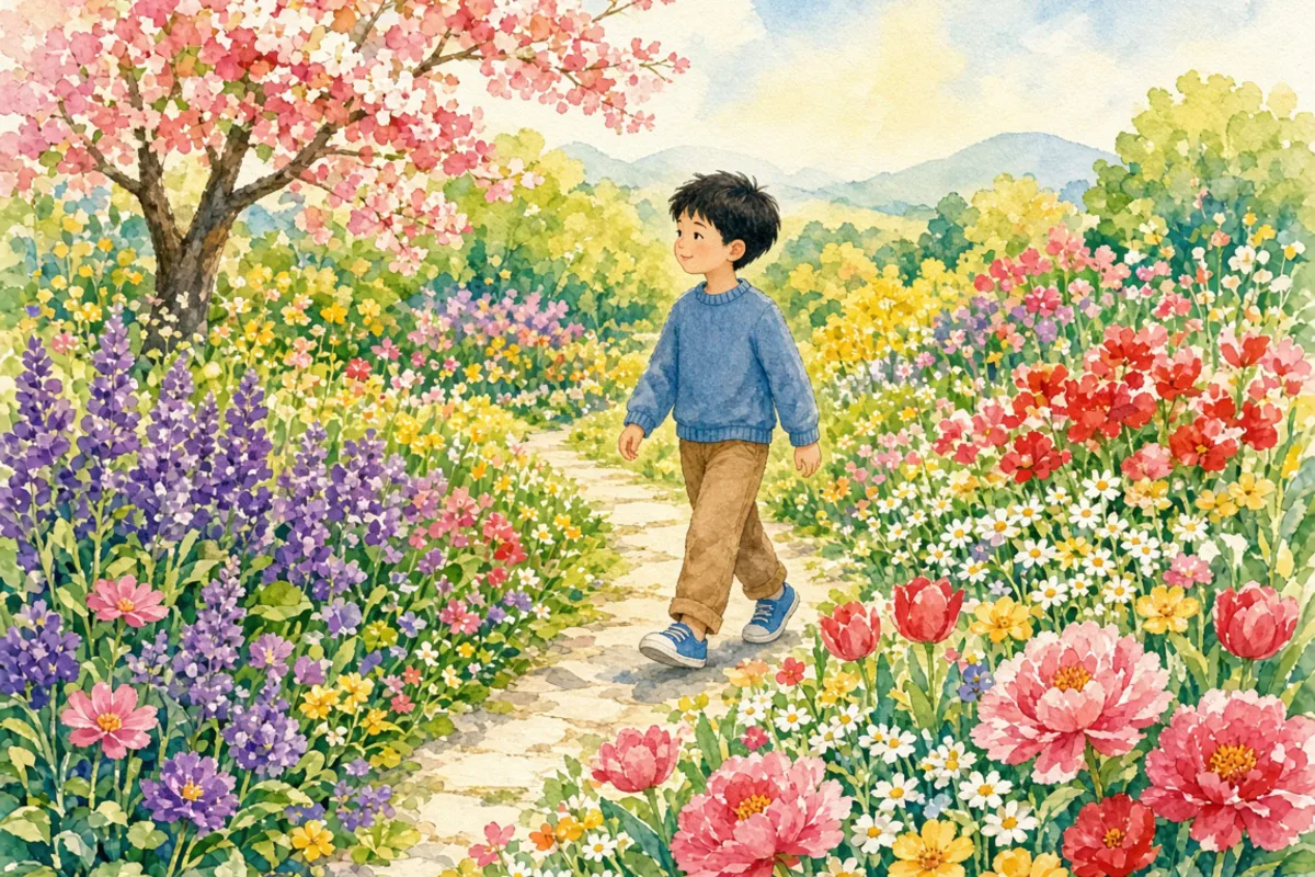 插画：万紫千红，形容百花齐放，颜色艳丽