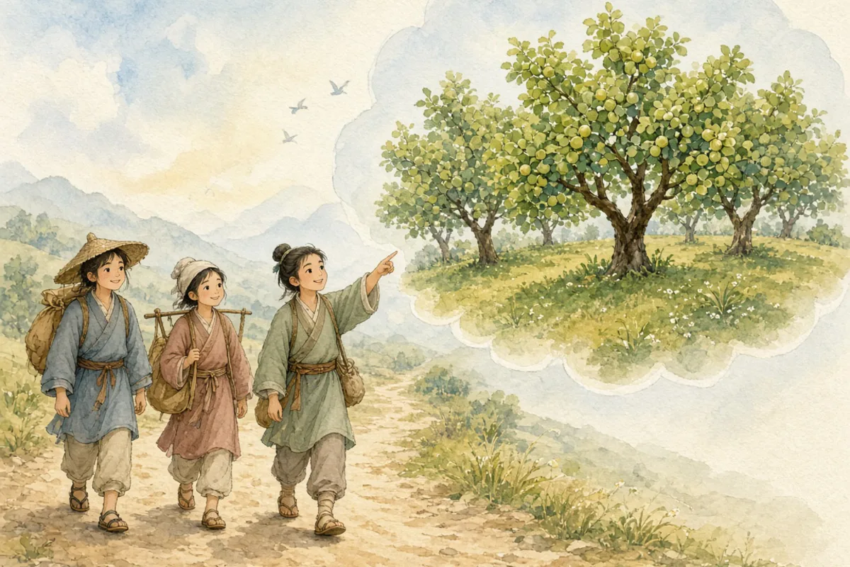 插画：望梅止渴，比喻用空想安慰自己