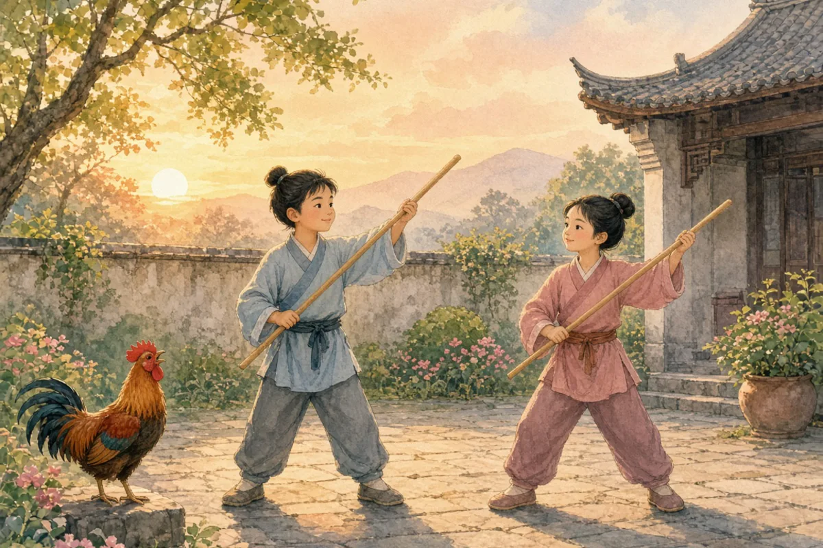 插画：闻鸡起舞，比喻有志向的人及时奋发努力