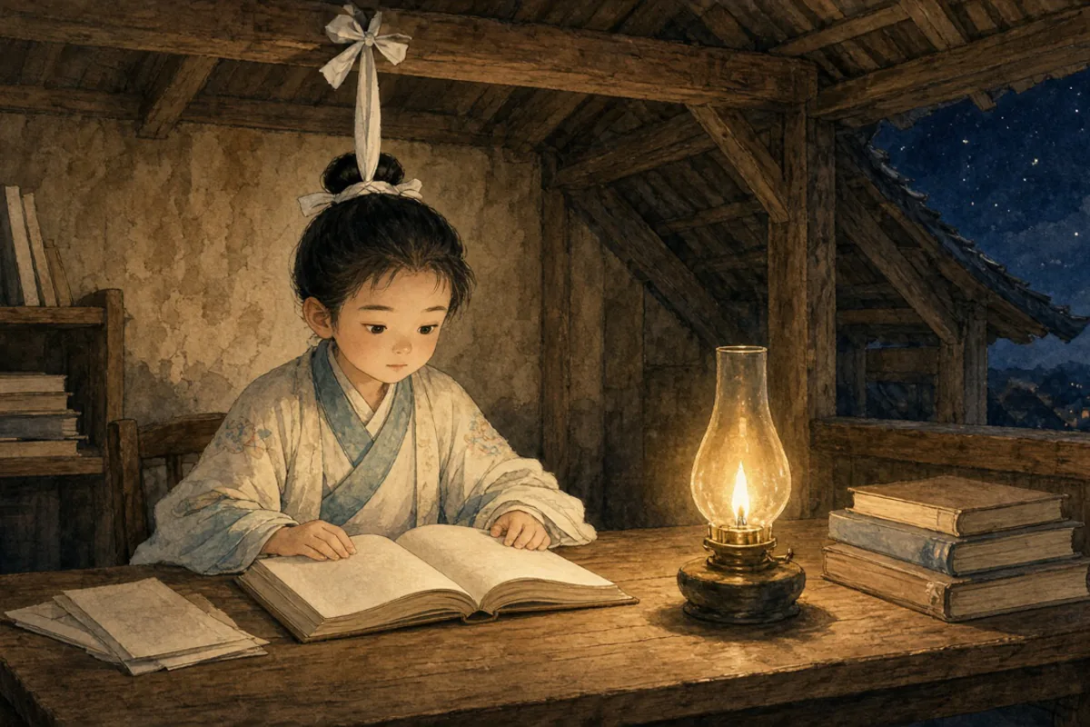 插画：悬梁刺股，形容刻苦学习