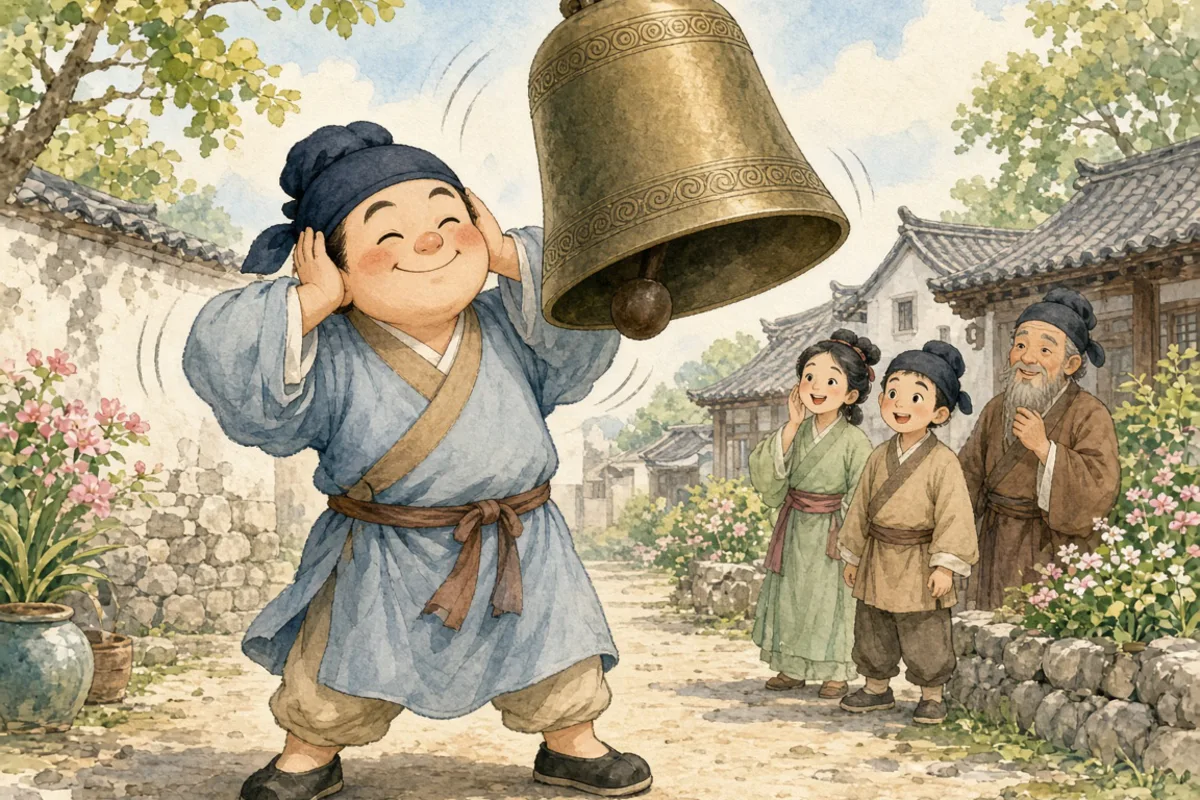 插画：掩耳盗铃，比喻自己欺骗自己，明明掩盖不住的事情偏要想法子掩盖