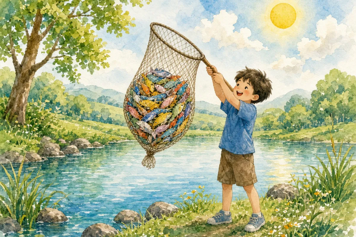 插画：一网打尽，比喻一下子全部抓住或消灭