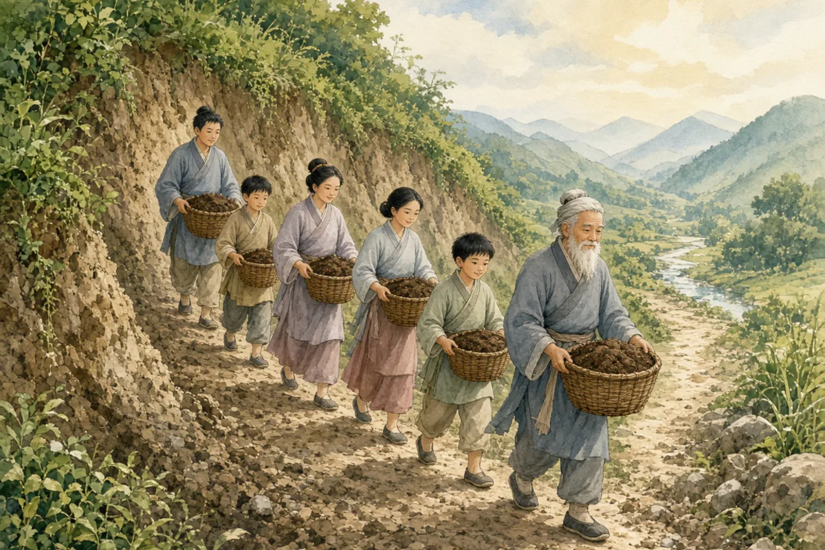 插画：愚公移山，比喻只要坚持不懈，再大的困难也能克服