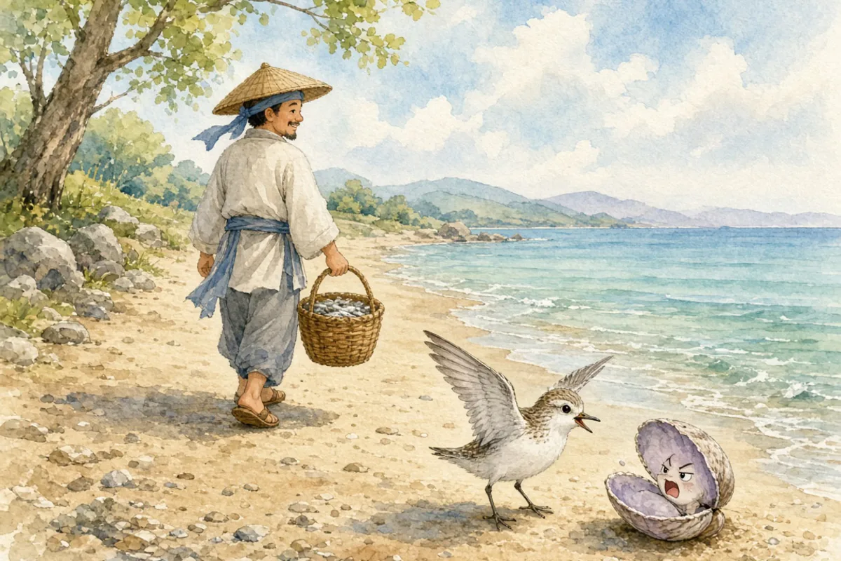 插画：渔翁得利，比喻双方争执，让第三者白白得了好处