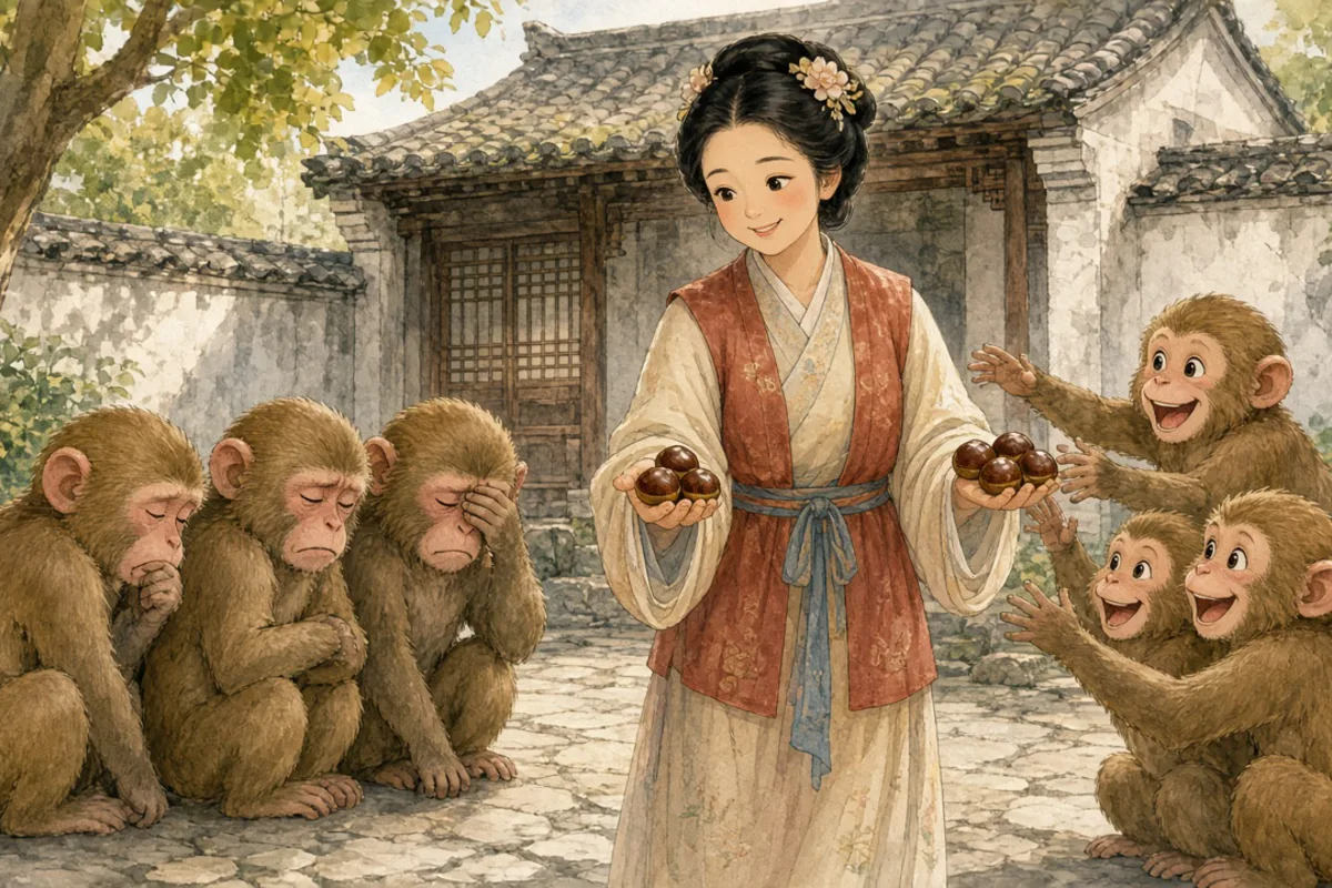 插画：朝三暮四，比喻反复无常，也比喻玩弄手法欺骗人