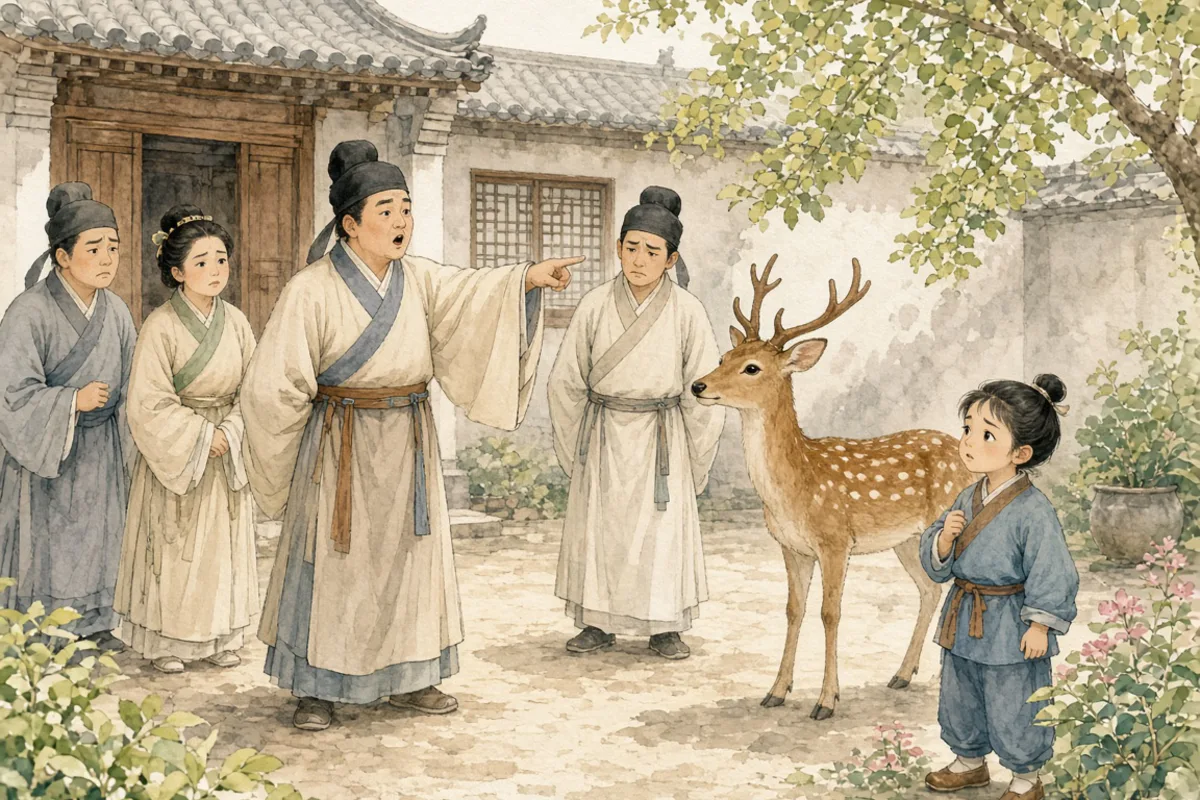 插画：指鹿为马，比喻故意颠倒黑白，混淆是非
