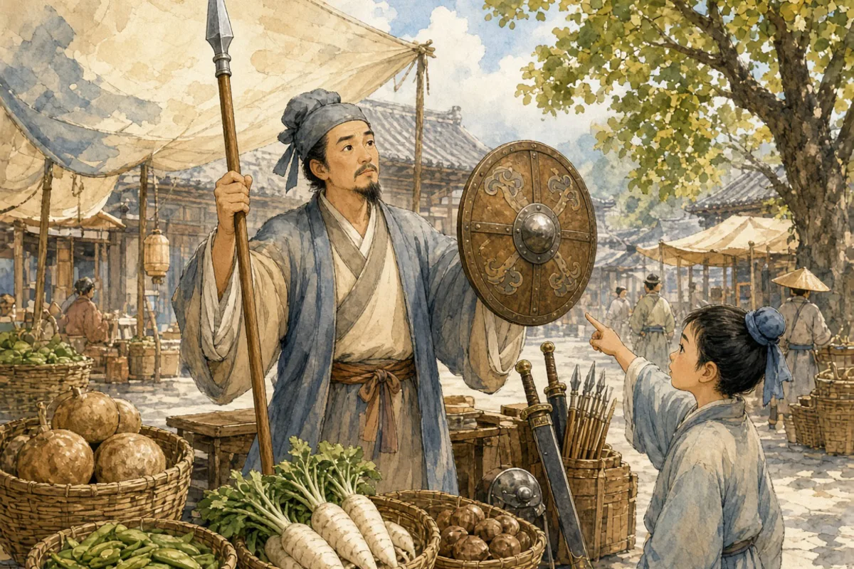 插画：自相矛盾，比喻自己说话做事前后抵触