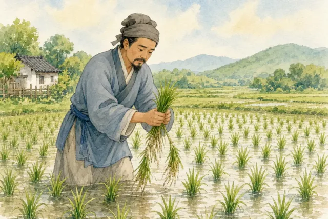 插画：拔苗助长，比喻违反事物发展规律，急于求成，反而坏事