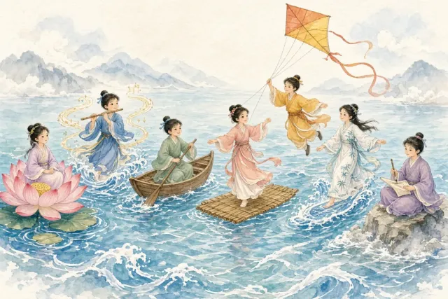 插画：八仙过海，比喻各有各的本领，各显神通
