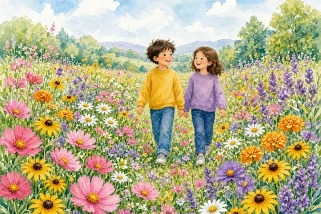 插画：百花齐放，形容各种花同时开放，比喻事物丰富多彩