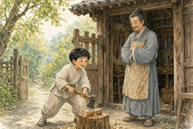 插画：班门弄斧，比喻在行家面前卖弄本领
