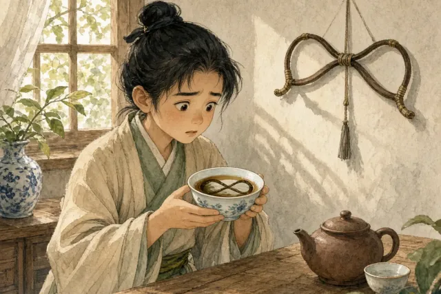 插画：杯弓蛇影，比喻疑神疑鬼，自相惊扰