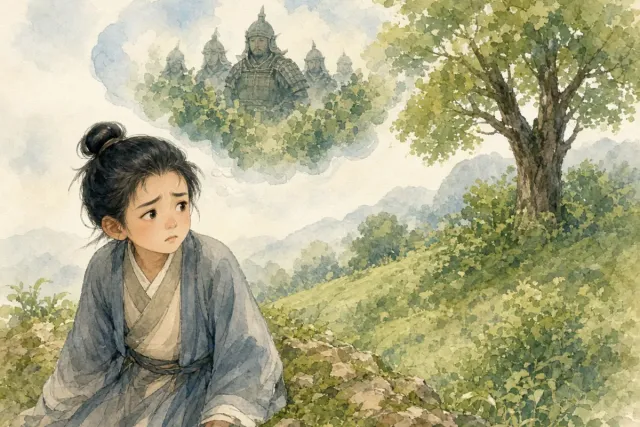 插画：草木皆兵，形容人在惊慌时疑神疑鬼