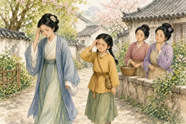 插画：东施效颦，比喻盲目模仿别人，效果适得其反