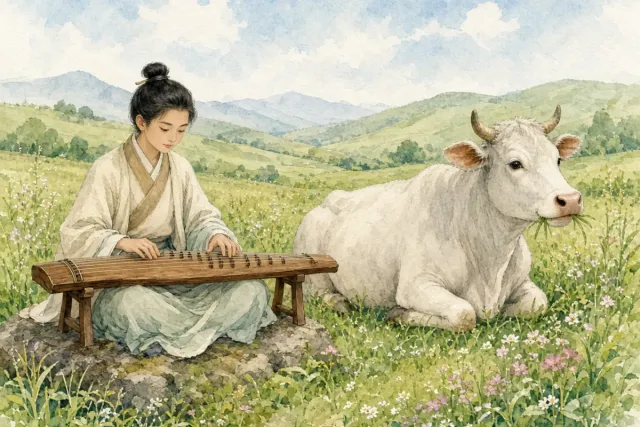 插画：对牛弹琴，比喻对不懂道理的人讲道理，白费口舌