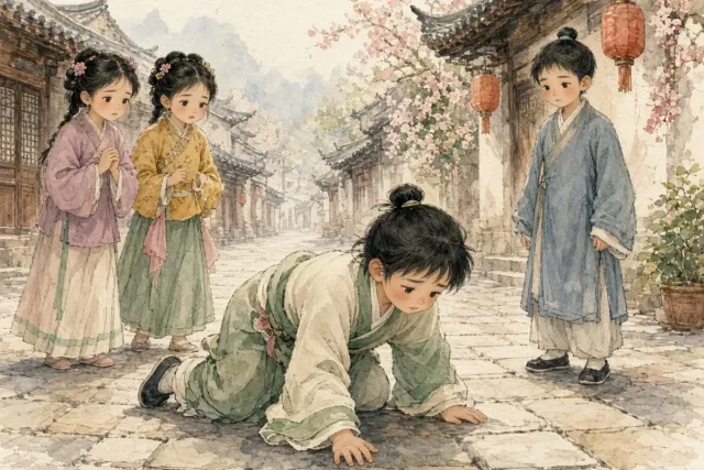 插画：邯郸学步，比喻模仿别人不成，反而丧失了原有的技能