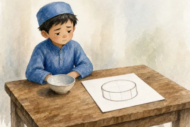 插画：画饼充饥，比喻用空想安慰自己，不能解决实际问题