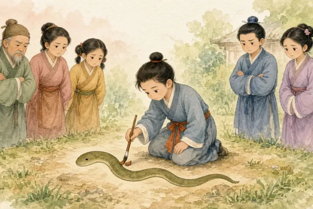 插画：画蛇添足，比喻做了多余的事，反而把事情弄坏