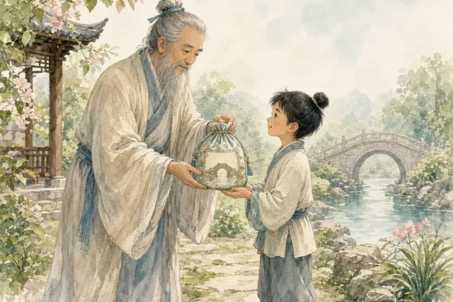 插画：锦囊妙计，比喻能及时解决问题的好办法