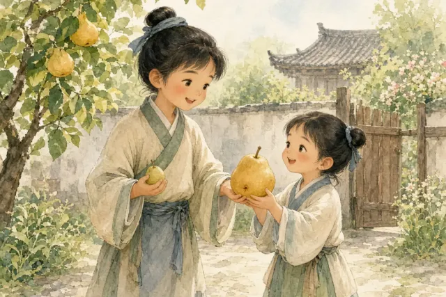 插画：孔融让梨，比喻小孩子懂礼貌，知道谦让