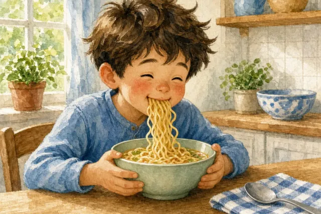 插画：狼吞虎咽，形容吃东西又猛又急