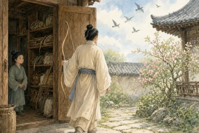 插画：鸟尽弓藏，比喻事情成功后，把出过力的人抛弃
