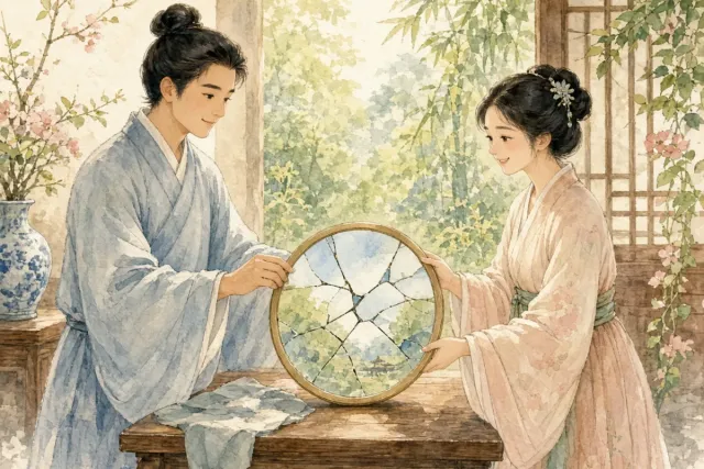 插画：破镜重圆，比喻分开的人又重新团圆