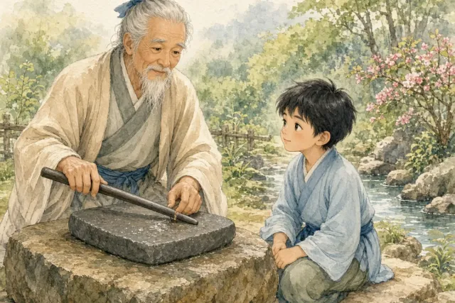 插画：铁杵成针，比喻只要长期努力，再难的事也能成功