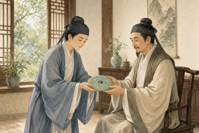 插画：完璧归赵，比喻把原物完好无损地归还本人