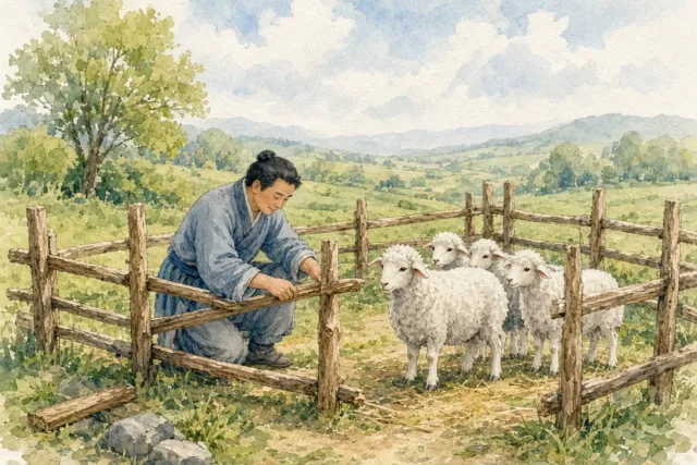 插画：亡羊补牢，比喻出了问题以后及时想办法补救，可以防止继续受损失