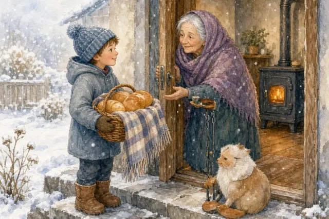 插画：雪中送炭，比喻在别人急需时给予帮助