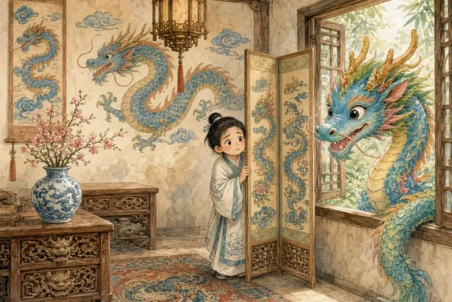 插画：叶公好龙，比喻口头上说爱好某事物，实际上并不真爱好