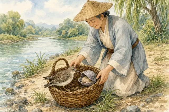 插画：鹬蚌相争，比喻双方相持不下，让第三者得到好处
